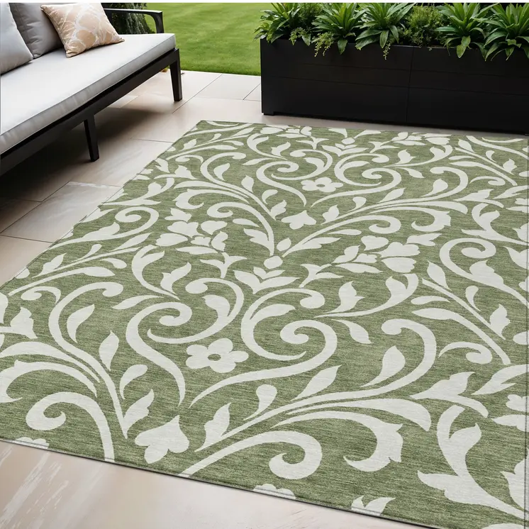 5' X 8' Fern Green And Ivory Floral Washable Indoor Outdoor Area Rug
