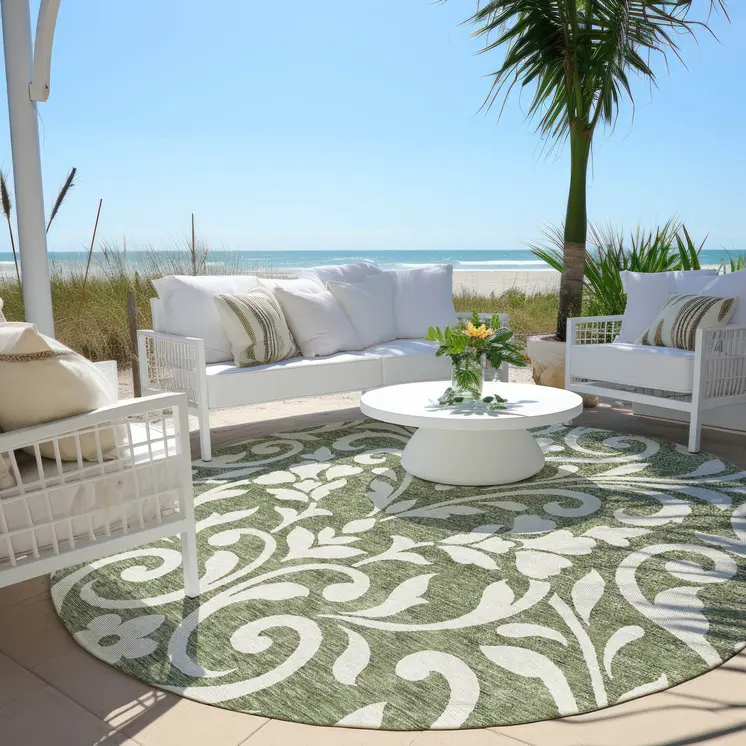 8' Fern Green And Ivory Round Floral Washable Indoor Outdoor Area Rug