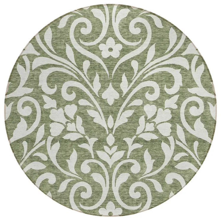 8' Fern Green And Ivory Round Floral Washable Indoor Outdoor Area Rug