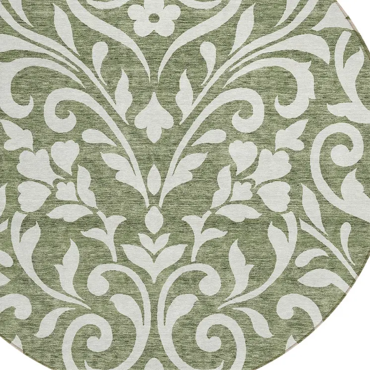 8' Fern Green And Ivory Round Floral Washable Indoor Outdoor Area Rug