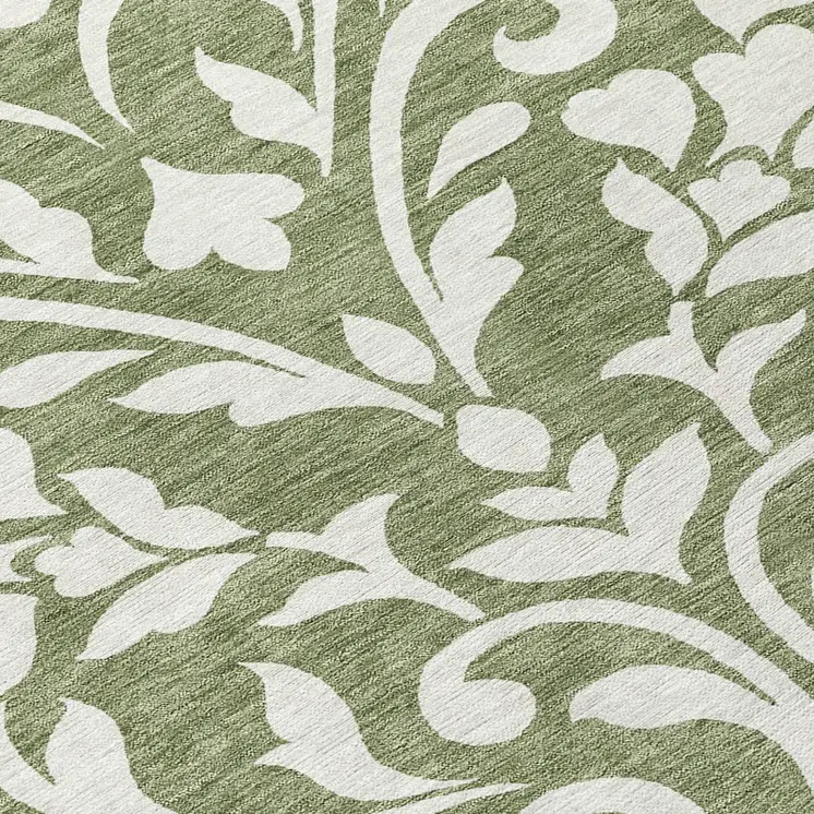 8' Fern Green And Ivory Round Floral Washable Indoor Outdoor Area Rug