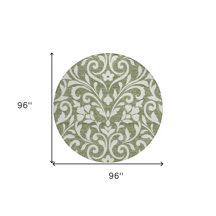 8' Fern Green And Ivory Round Floral Washable Indoor Outdoor Area Rug