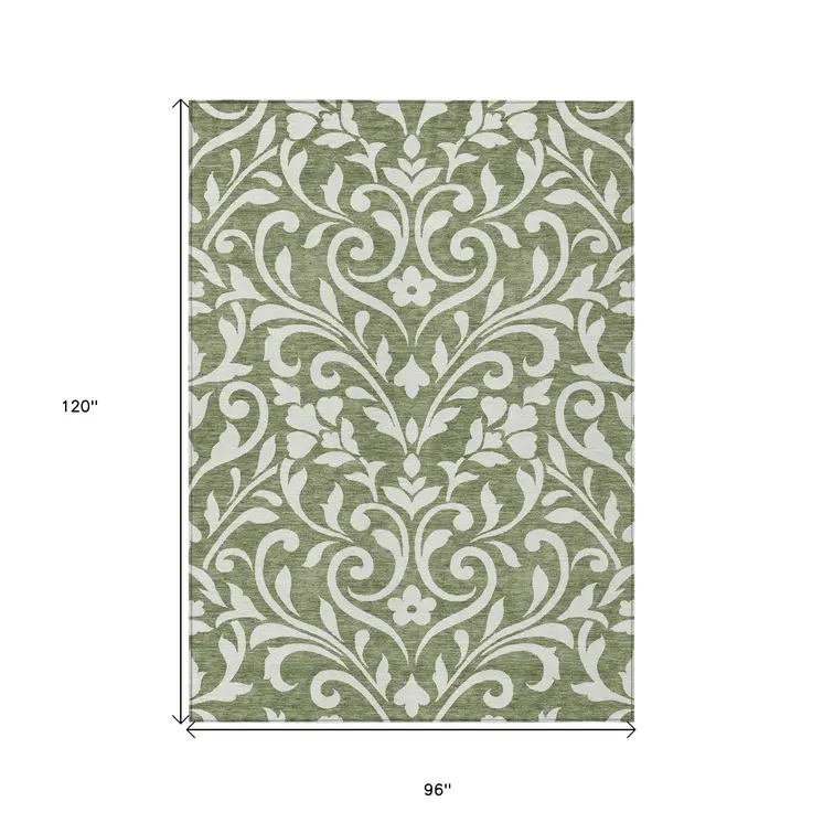 8' X 10' Fern Green And Ivory Floral Washable Indoor Outdoor Area Rug
