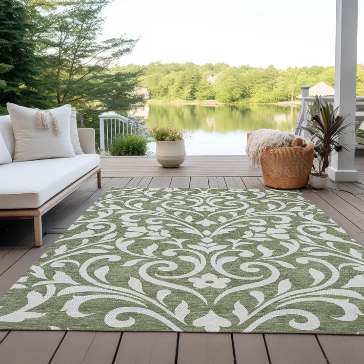 8' X 10' Fern Green And Ivory Floral Washable Indoor Outdoor Area Rug