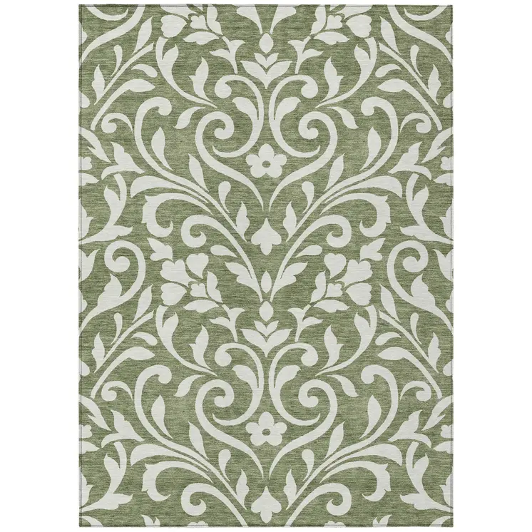 8' X 10' Fern Green And Ivory Floral Washable Indoor Outdoor Area Rug