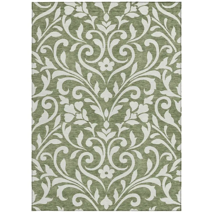 8' X 10' Fern Green And Ivory Floral Washable Indoor Outdoor Area Rug