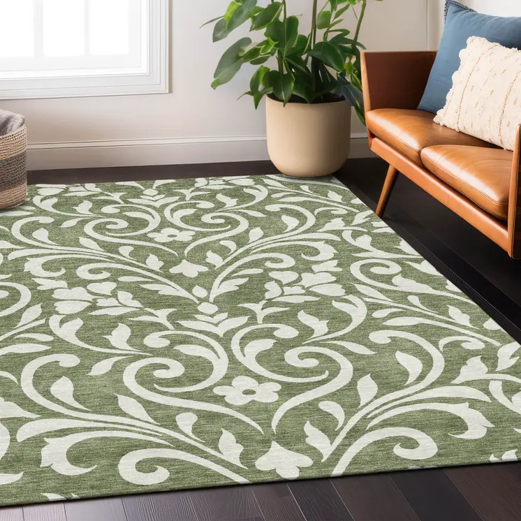 8' X 10' Fern Green And Ivory Floral Washable Indoor Outdoor Area Rug