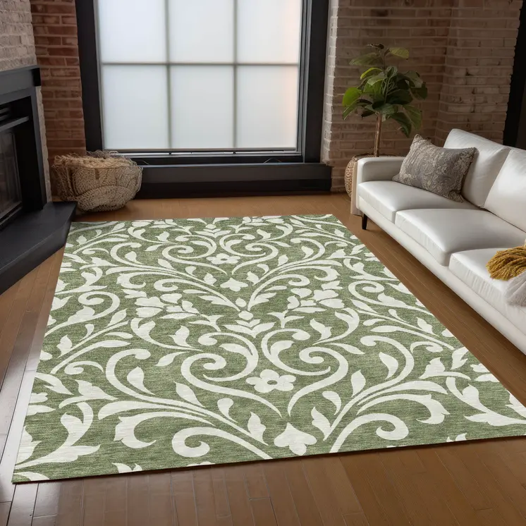 8' X 10' Fern Green And Ivory Floral Washable Indoor Outdoor Area Rug