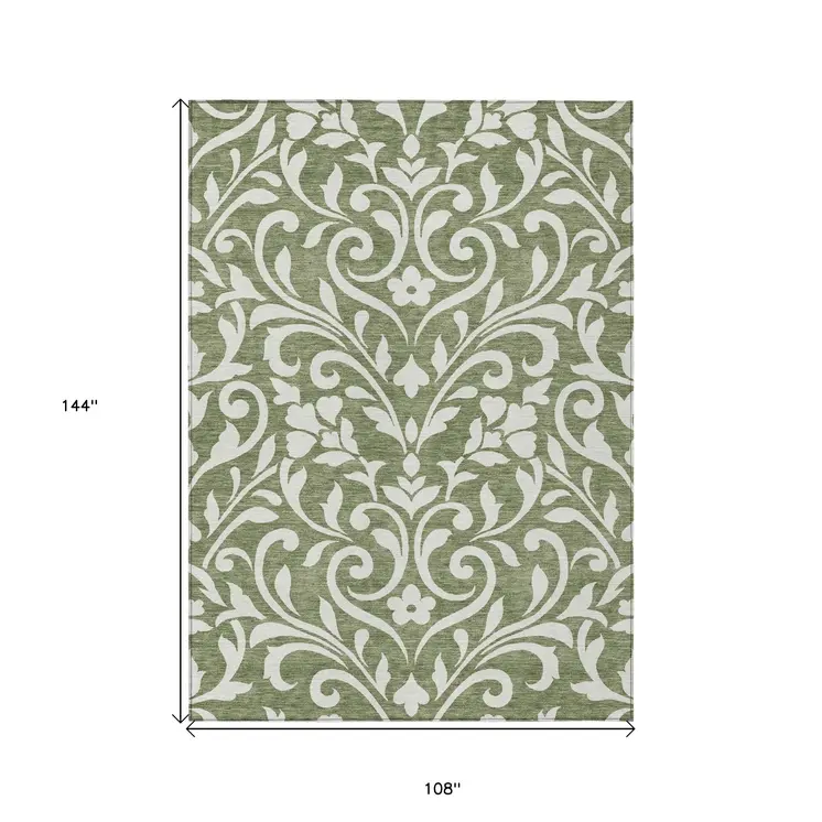 9' X 12' Fern Green And Ivory Floral Washable Indoor Outdoor Area Rug