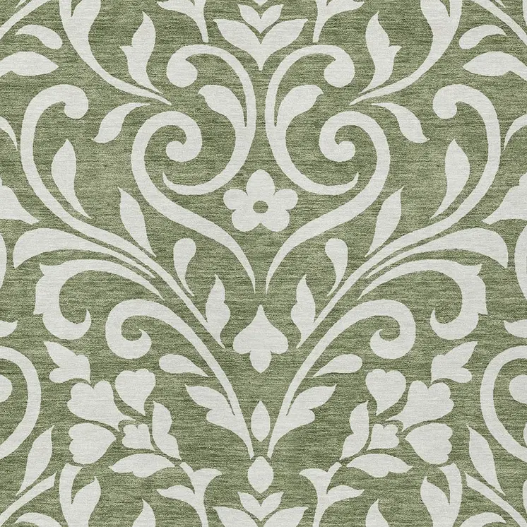 9' X 12' Fern Green And Ivory Floral Washable Indoor Outdoor Area Rug
