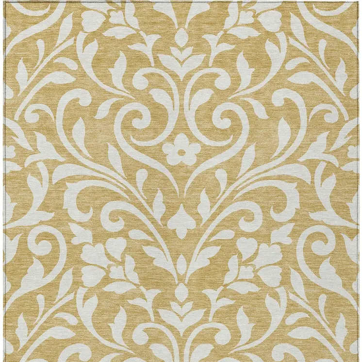 3' X 5' Gold And Beige Floral Washable Indoor Outdoor Area Rug