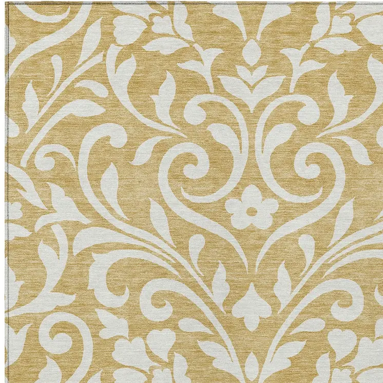 3' X 5' Gold And Beige Floral Washable Indoor Outdoor Area Rug