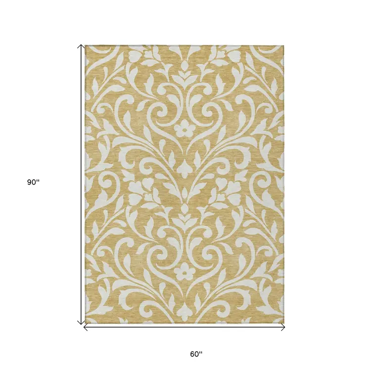 5' X 8' Gold And Beige Floral Washable Indoor Outdoor Area Rug