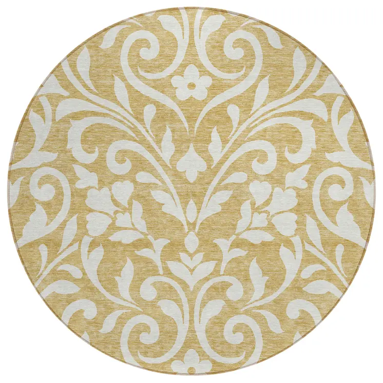 8' Gold And Beige Round Floral Washable Indoor Outdoor Area Rug