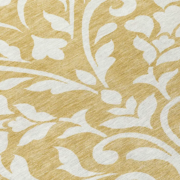 8' Gold And Beige Round Floral Washable Indoor Outdoor Area Rug