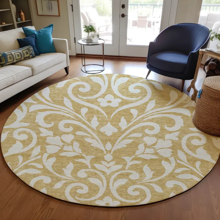 8' Gold And Beige Round Floral Washable Indoor Outdoor Area Rug