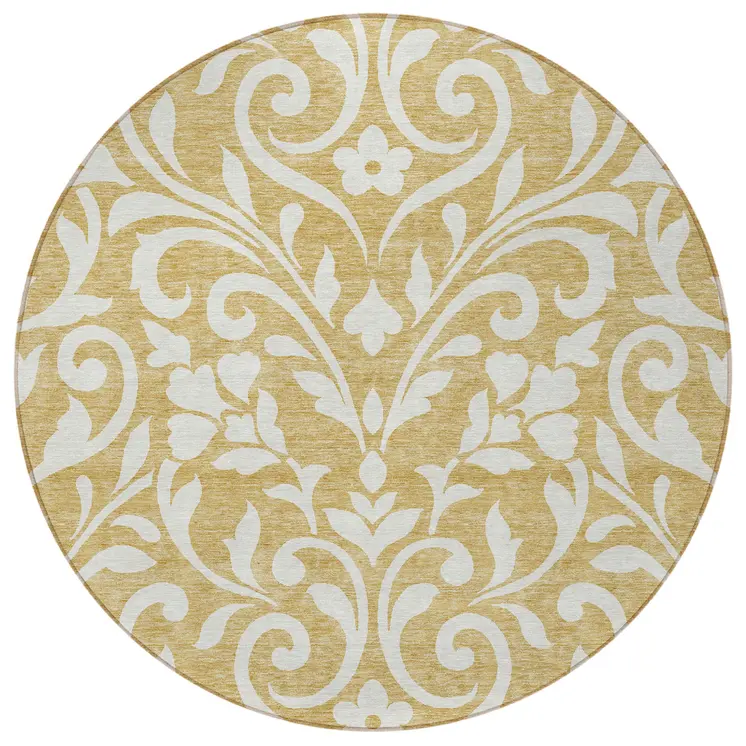 8' Gold And Beige Round Floral Washable Indoor Outdoor Area Rug
