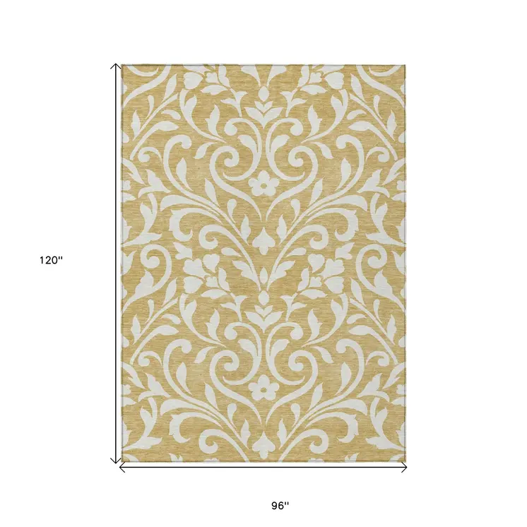 8' X 10' Gold And Beige Floral Washable Indoor Outdoor Area Rug