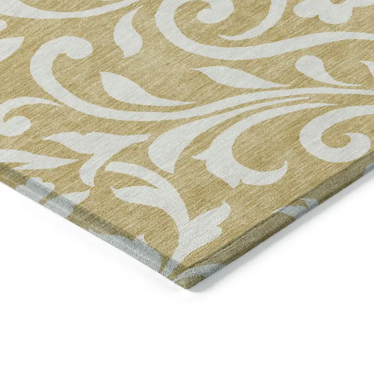 8' X 10' Gold And Beige Floral Washable Indoor Outdoor Area Rug