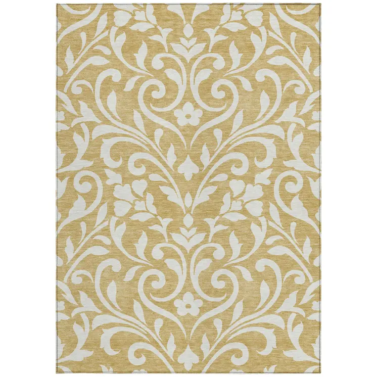 9' X 12' Gold And Beige Floral Washable Indoor Outdoor Area Rug