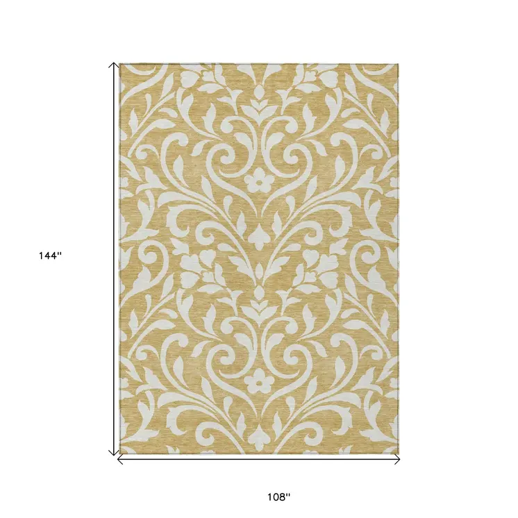 9' X 12' Gold And Beige Floral Washable Indoor Outdoor Area Rug