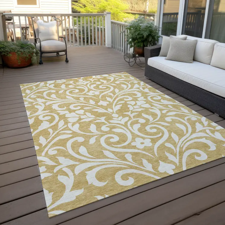 9' X 12' Gold And Beige Floral Washable Indoor Outdoor Area Rug