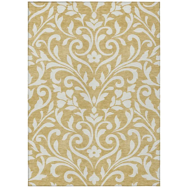 9' X 12' Gold And Beige Floral Washable Indoor Outdoor Area Rug