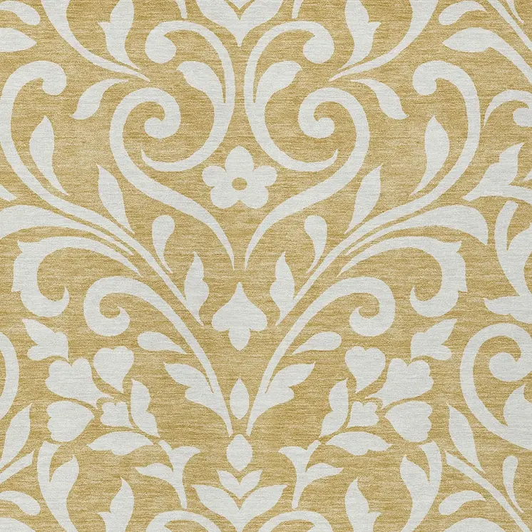 9' X 12' Gold And Beige Floral Washable Indoor Outdoor Area Rug
