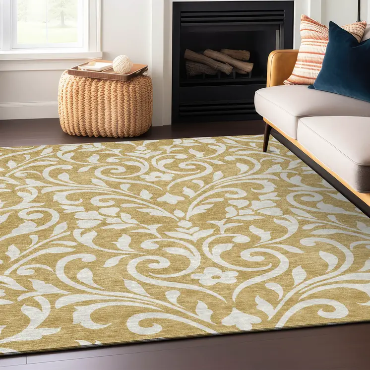 9' X 12' Gold And Beige Floral Washable Indoor Outdoor Area Rug