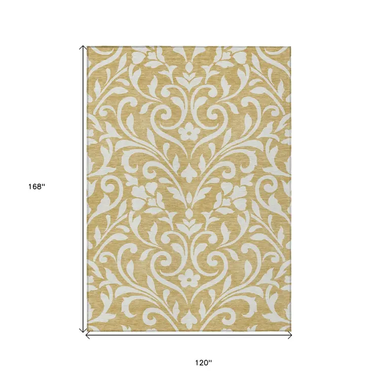 10' X 14' Gold And Beige Floral Washable Indoor Outdoor Area Rug