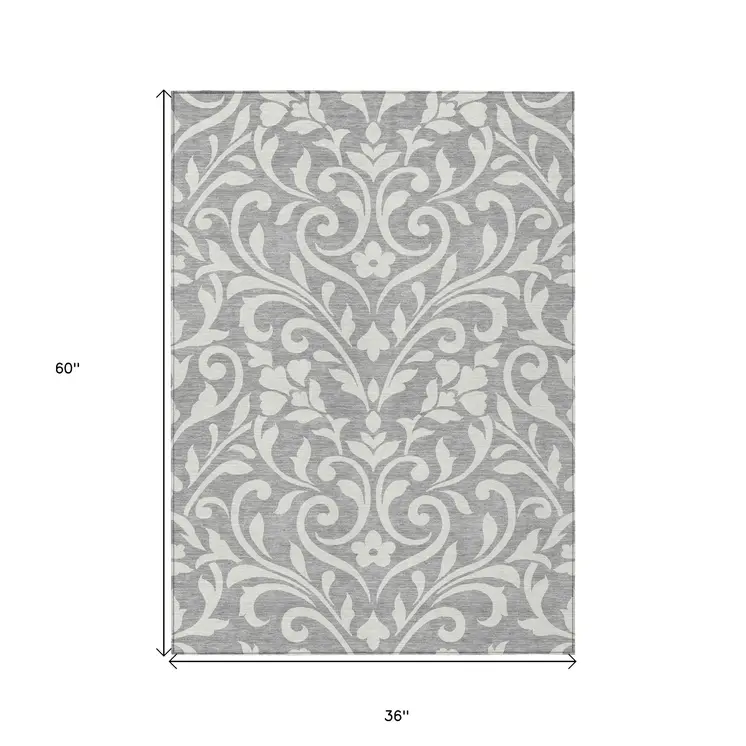 3' X 5' Gray And Ivory Floral Washable Indoor Outdoor Area Rug
