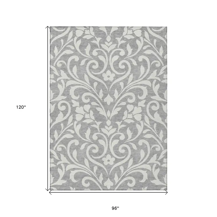 8' X 10' Gray And Ivory Floral Washable Indoor Outdoor Area Rug