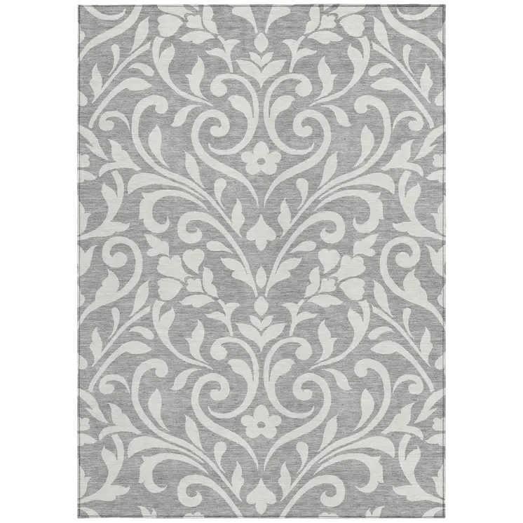 10' X 14' Gray And Ivory Floral Washable Indoor Outdoor Area Rug