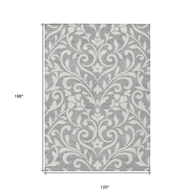 10' X 14' Gray And Ivory Floral Washable Indoor Outdoor Area Rug