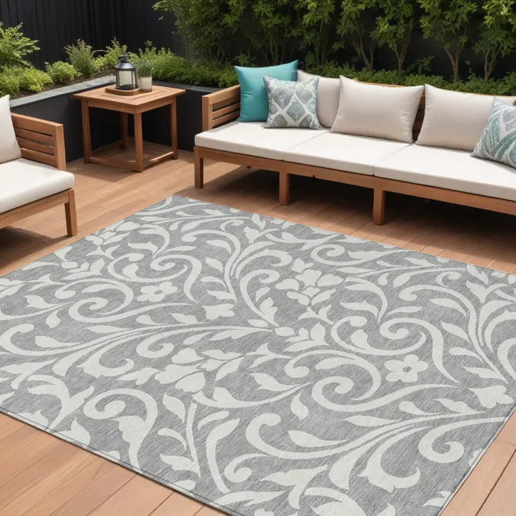 10' X 14' Gray And Ivory Floral Washable Indoor Outdoor Area Rug