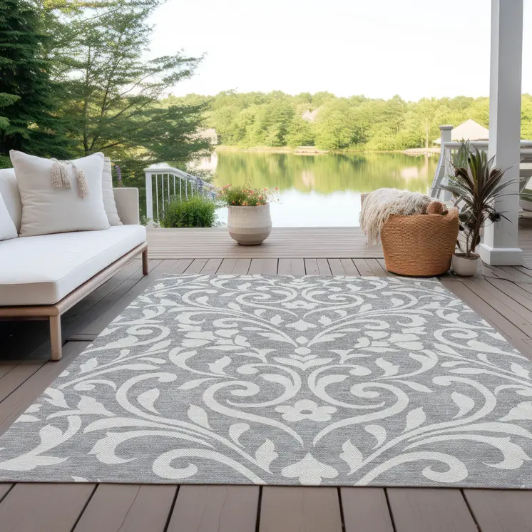 10' X 14' Gray And Ivory Floral Washable Indoor Outdoor Area Rug