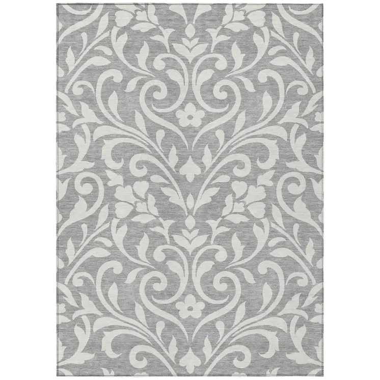 10' X 14' Gray And Ivory Floral Washable Indoor Outdoor Area Rug