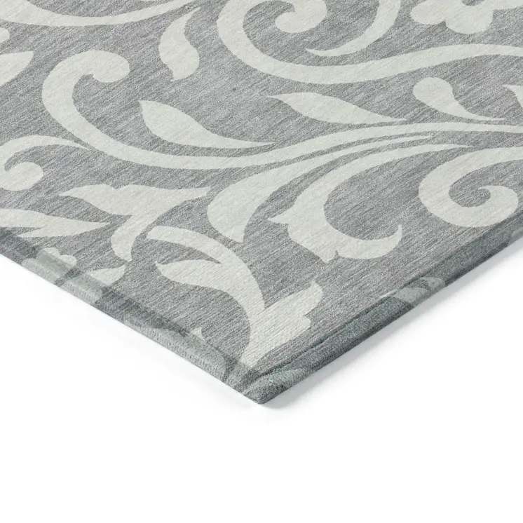 10' X 14' Gray And Ivory Floral Washable Indoor Outdoor Area Rug