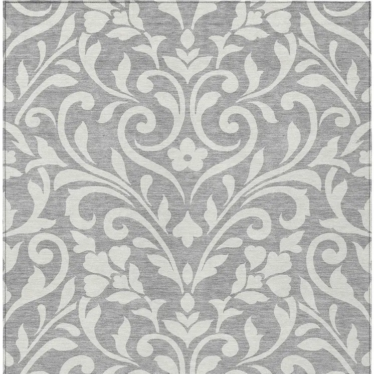 10' X 14' Gray And Ivory Floral Washable Indoor Outdoor Area Rug