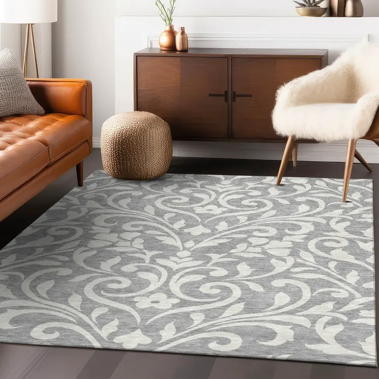 10' X 14' Gray And Ivory Floral Washable Indoor Outdoor Area Rug