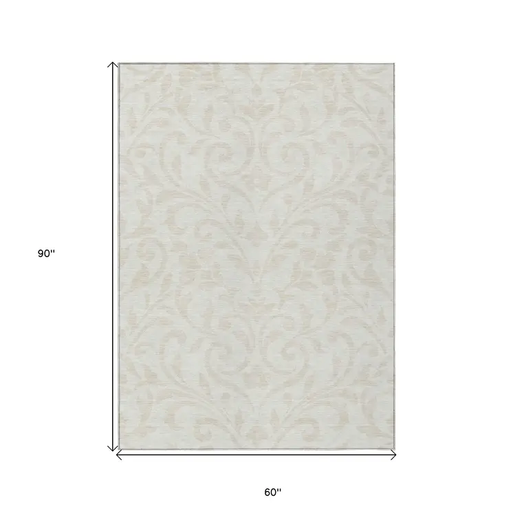 5' X 8' Ivory And Beige Floral Washable Indoor Outdoor Area Rug