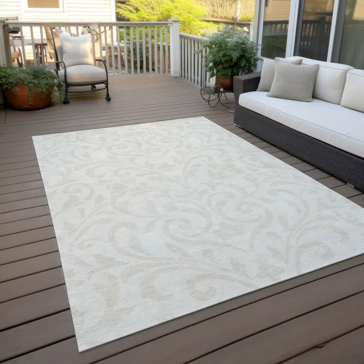 5' X 8' Ivory And Beige Floral Washable Indoor Outdoor Area Rug