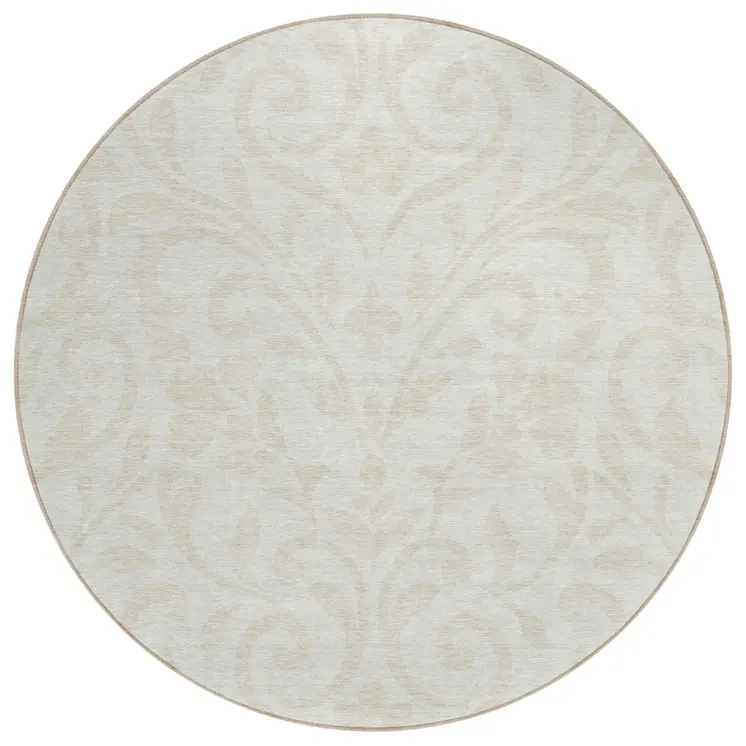 8' Ivory And Beige Round Floral Washable Indoor Outdoor Area Rug