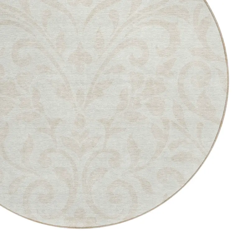 8' Ivory And Beige Round Floral Washable Indoor Outdoor Area Rug