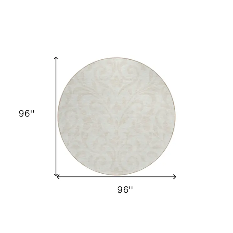 8' Ivory And Beige Round Floral Washable Indoor Outdoor Area Rug