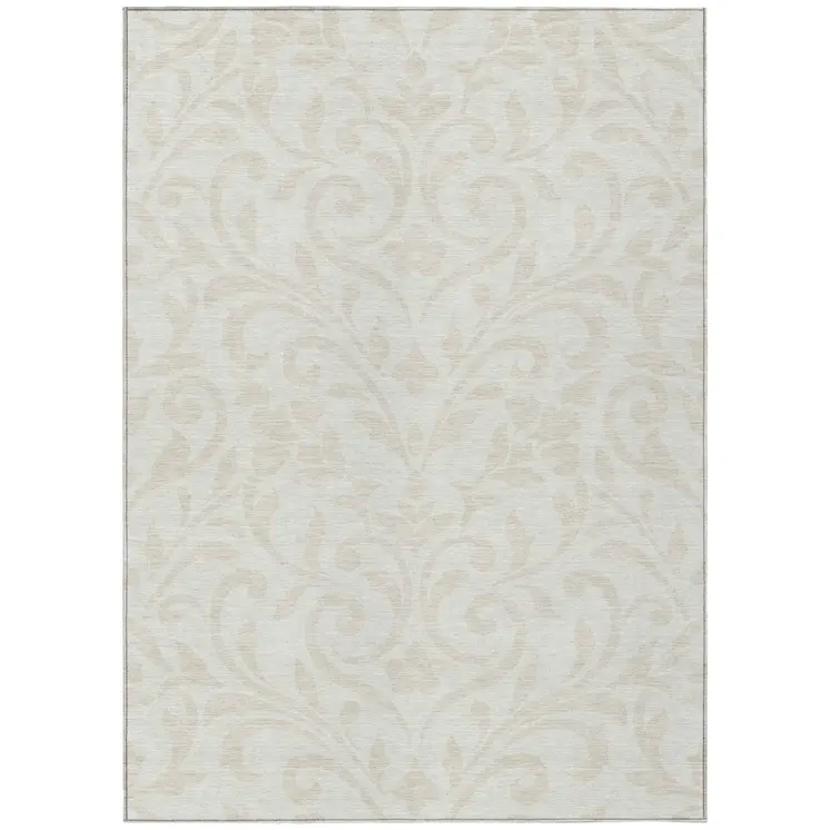 8' X 10' Ivory And Beige Floral Washable Indoor Outdoor Area Rug