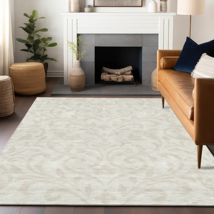 8' X 10' Ivory And Beige Floral Washable Indoor Outdoor Area Rug
