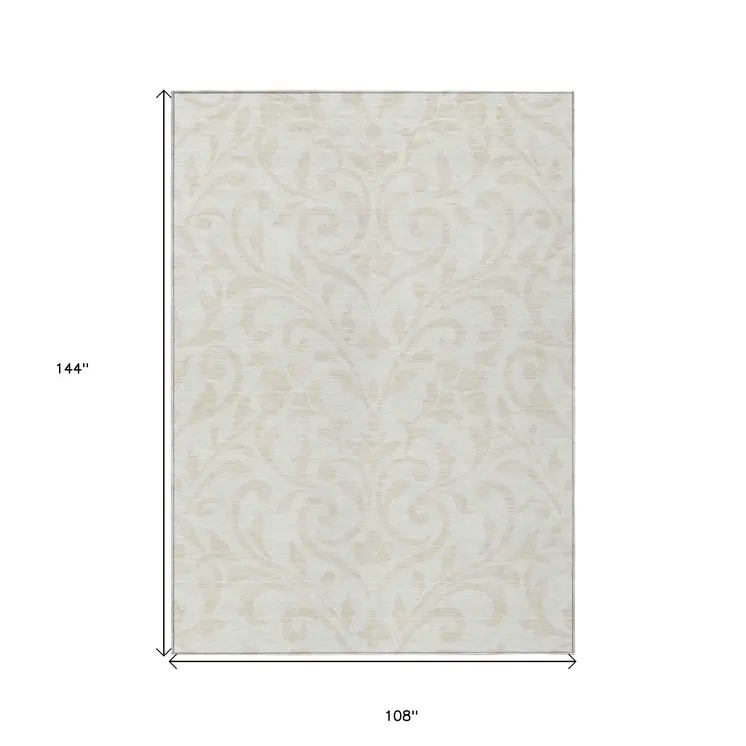 9' X 12' Ivory And Beige Floral Washable Indoor Outdoor Area Rug