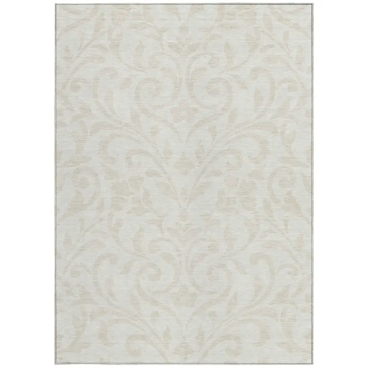 10' X 14' Ivory And Beige Floral Washable Indoor Outdoor Area Rug