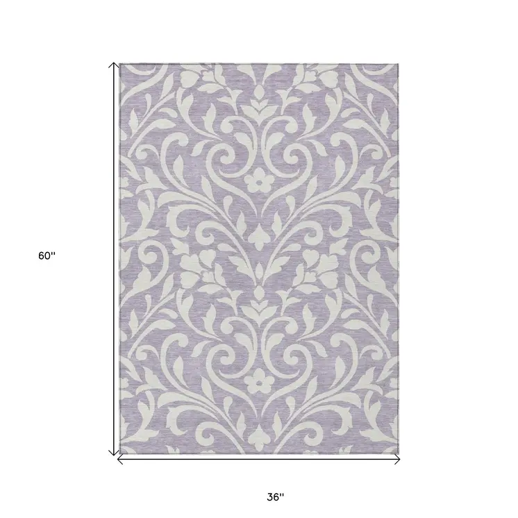 3' X 5' Lavender And Ivory Floral Washable Indoor Outdoor Area Rug